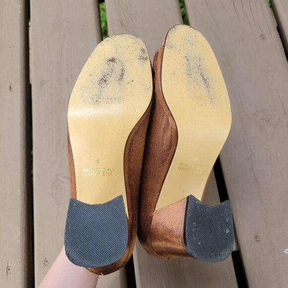 Vintage 90s y2k Fashion Bug Brown Satin Open Toe Chunky Formal Glam Heel Pumps 9 - Picture 6 of 8